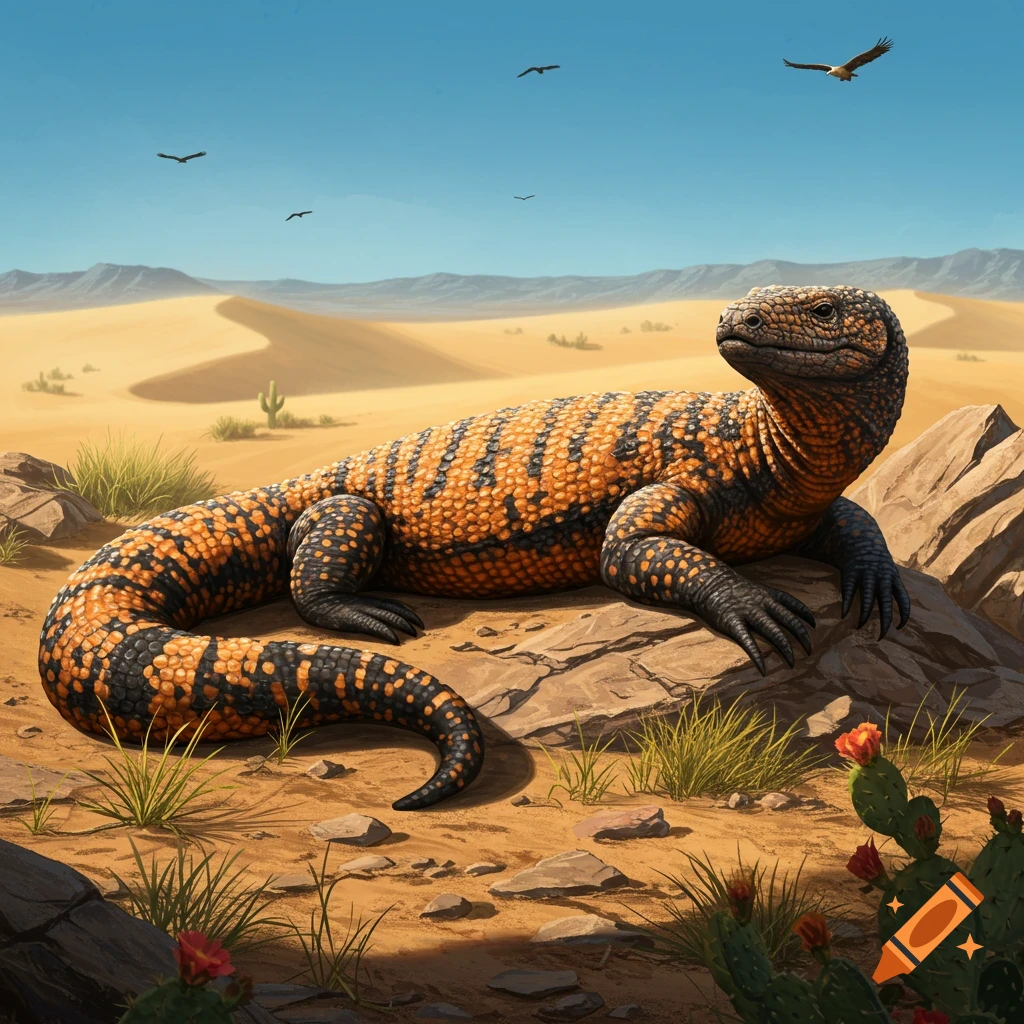 A large orange and black Gila monster rests on rocks in a sandy desert under a clear blue sky, with distant mountains and birds.