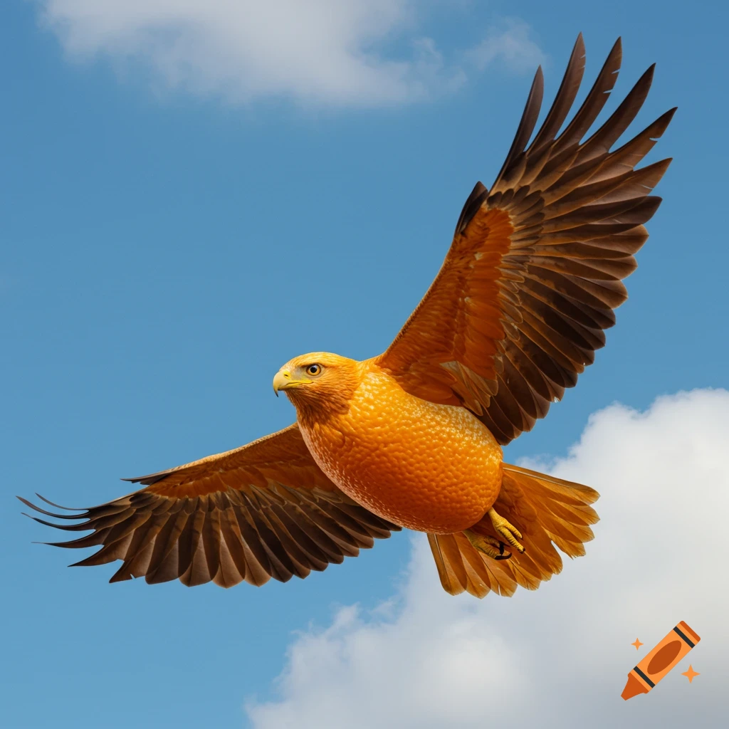 An eagle with a textured orange for a body flies against a blue sky with white clouds.