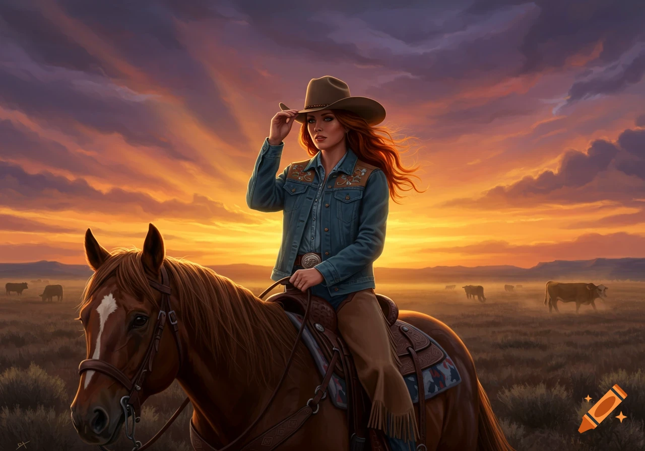 A cowgirl with red hair in a denim jacket and hat rides a horse at sunset in a field with cattle.