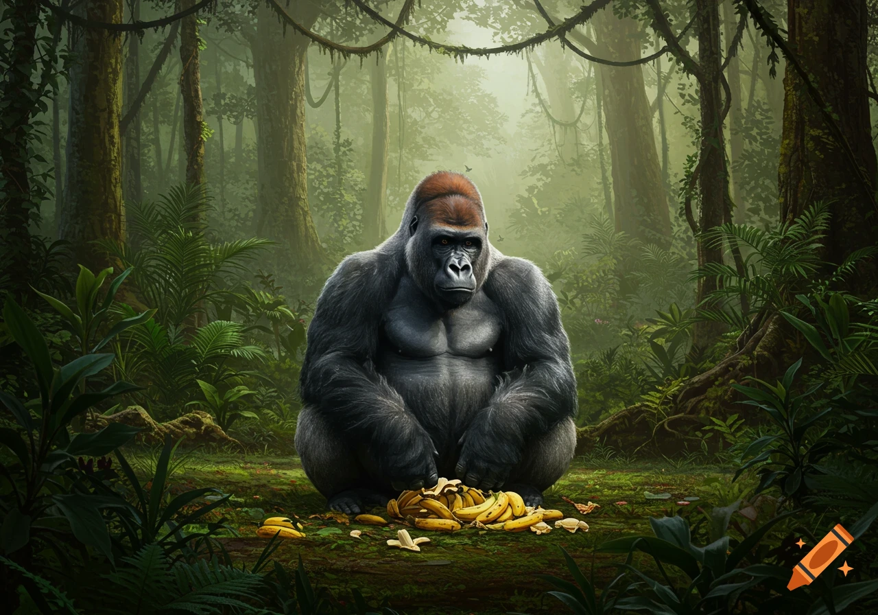 A photorealistic gorilla sits in a lush rainforest with a pile of bananas in front of it.