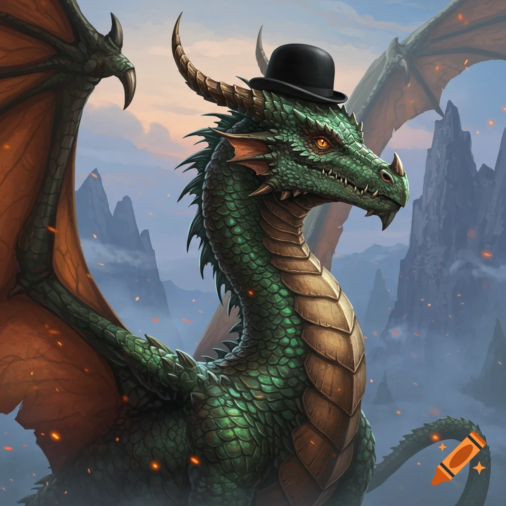 A majestic green dragon with a black bowler hat, standing against a cloudy, mountainous background with fiery specks.