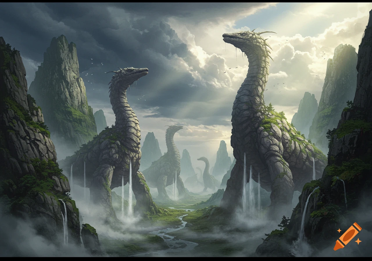 Massive rock creatures resembling plesiosaurs stand in a misty, mountainous valley with waterfalls and a river.