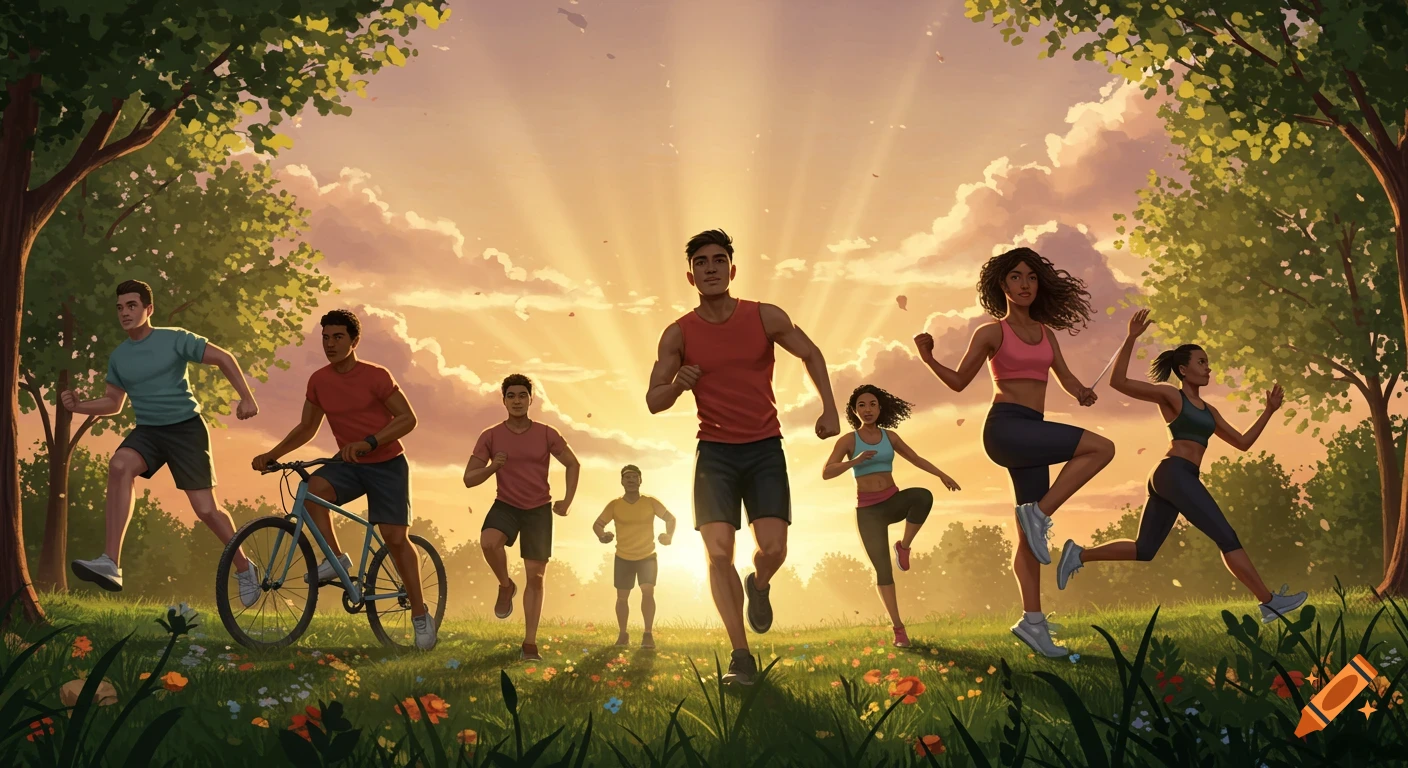 A diverse group of people running and cycling through a sunny park at sunrise, with trees and wildflowers.