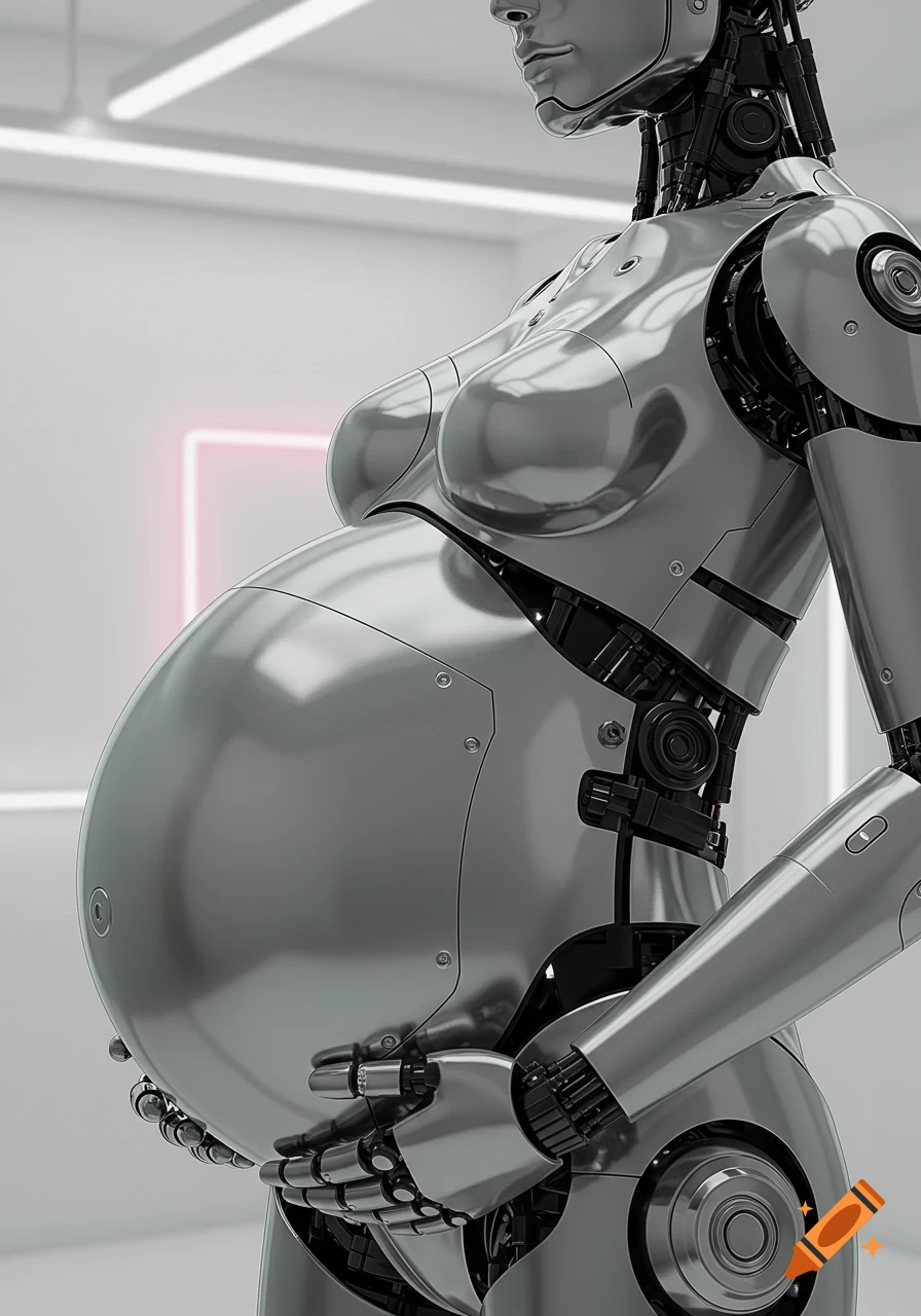 Photorealistic metallic robot woman with a large pregnant belly, holding her stomach, in a futuristic white room.