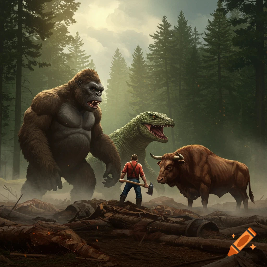 A lumberjack with an axe stands before a giant ape, a dinosaur, and a bull in a forest clearing. Digital art.