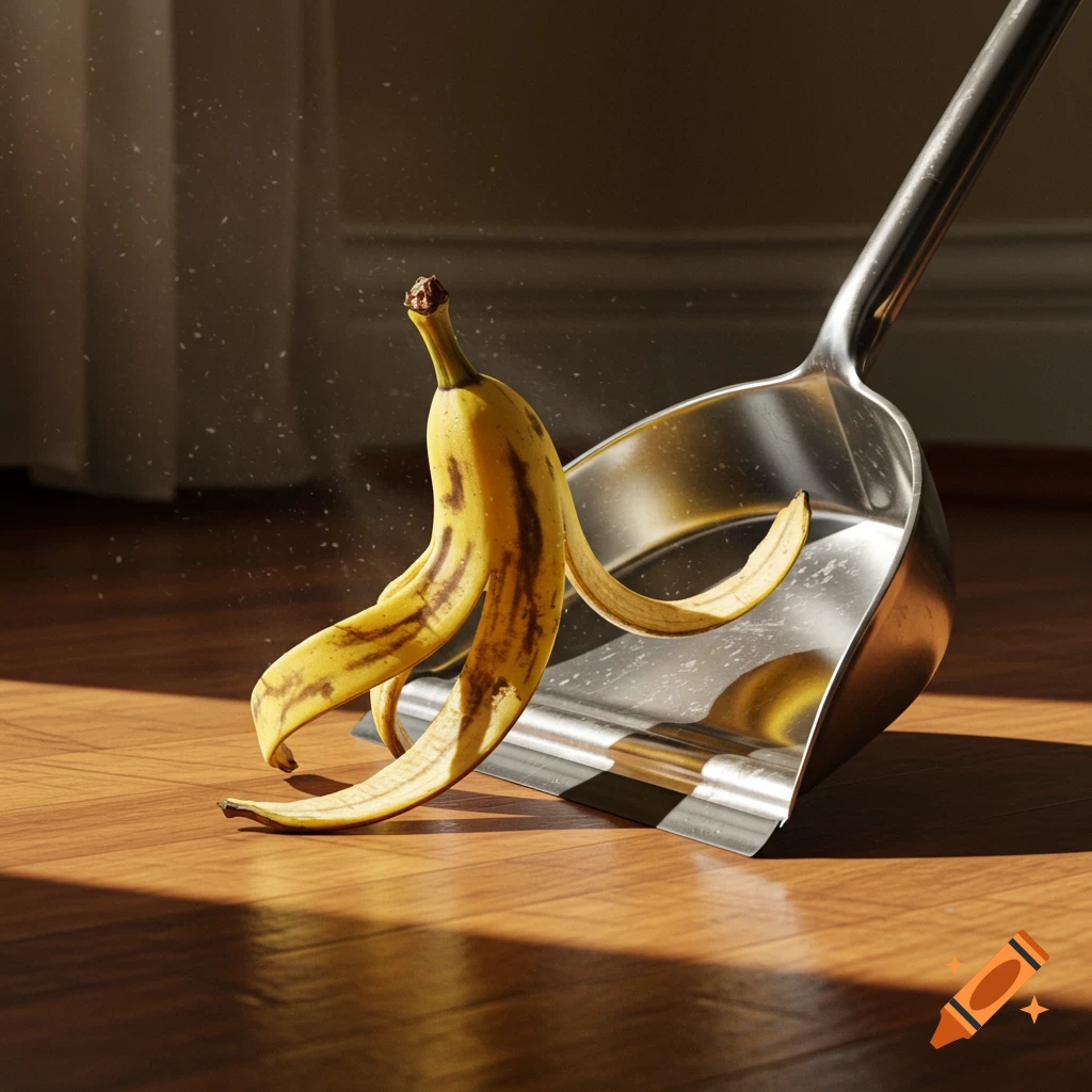 A rotting banana peel stands upright, seemingly sweeping itself into a shiny silver dustpan on a polished wooden floor, with dust sparkling in the air.