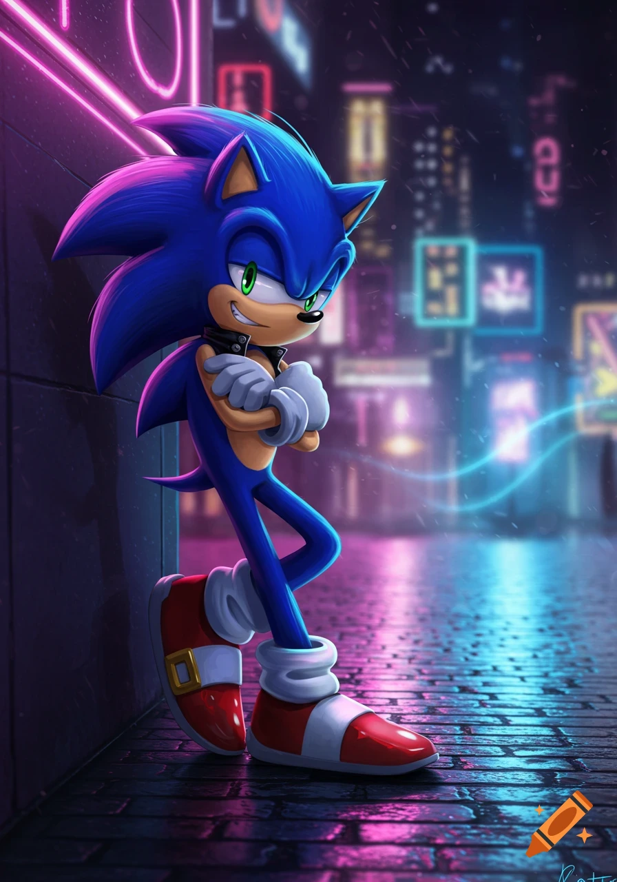 Sonic the Hedgehog leans suavely against a wall in a neon-lit futuristic city at night.