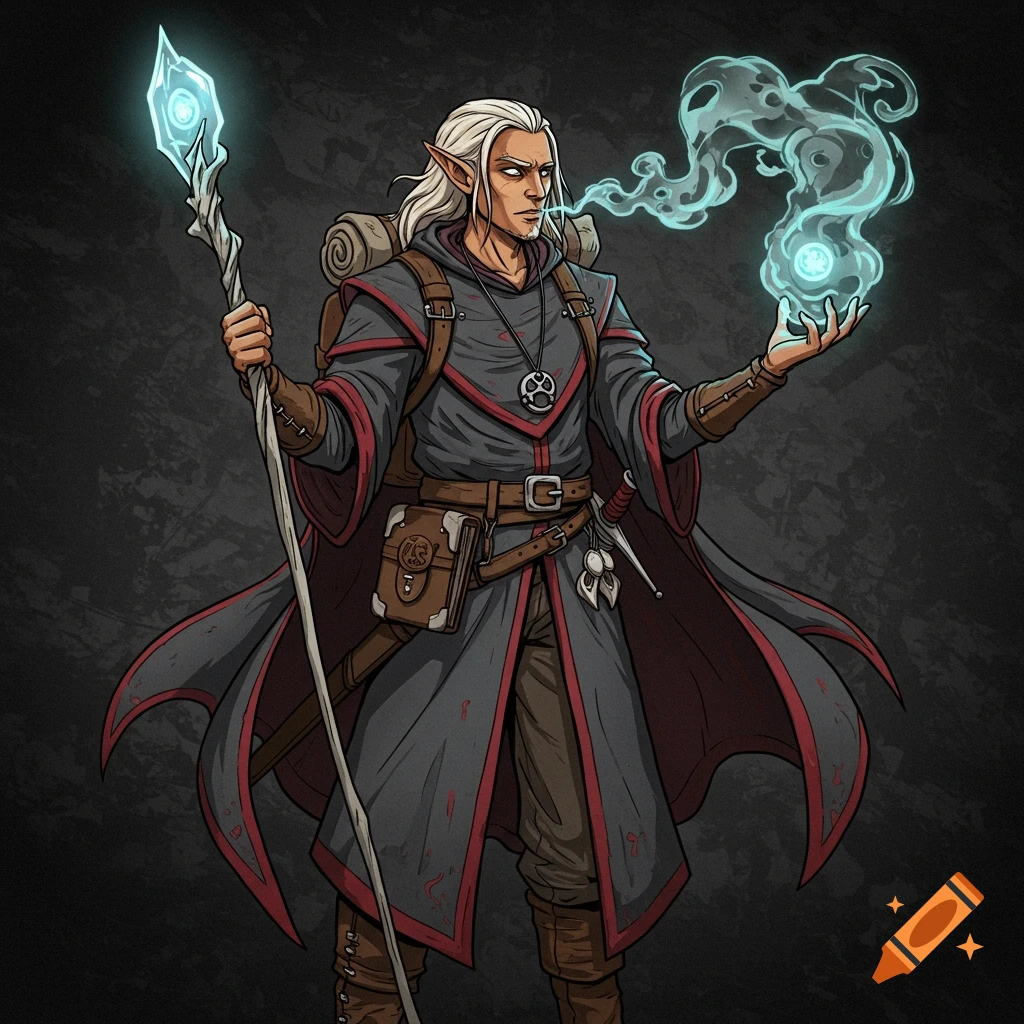 An elven wizard with platinum hair and a dark, red-trimmed cloak holds an icy staff and emits glowing mist from his mouth, in a fantasy illustration.
