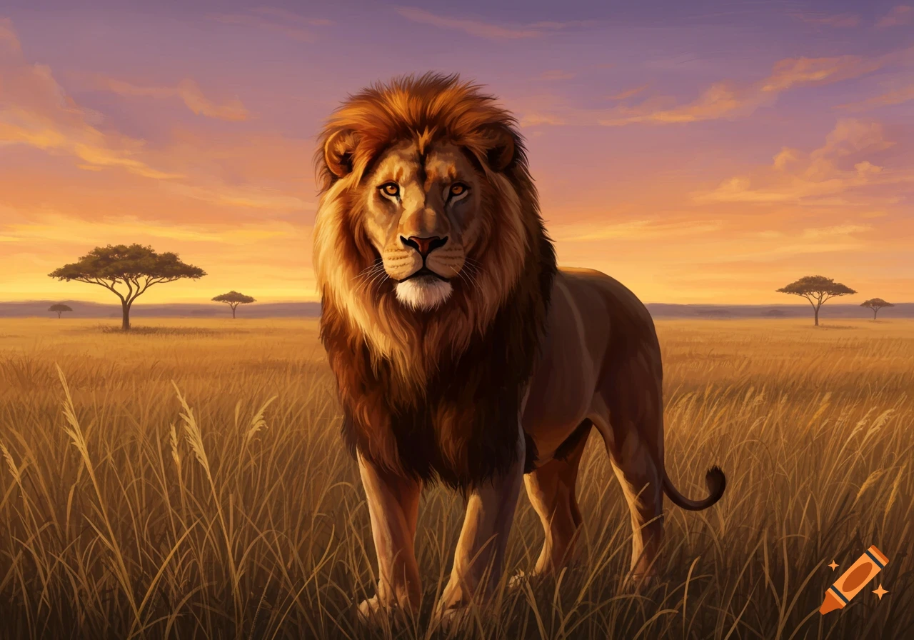 A majestic lion with a golden mane stands in tall grass at sunset in a savanna, looking towards the camera.
