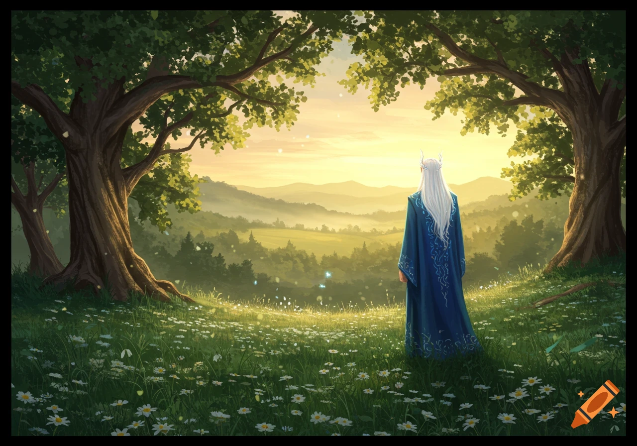 A long-haired figure in a blue robe stands in a sunlit meadow with white flowers, gazing at a valley framed by two large trees. Digital art.