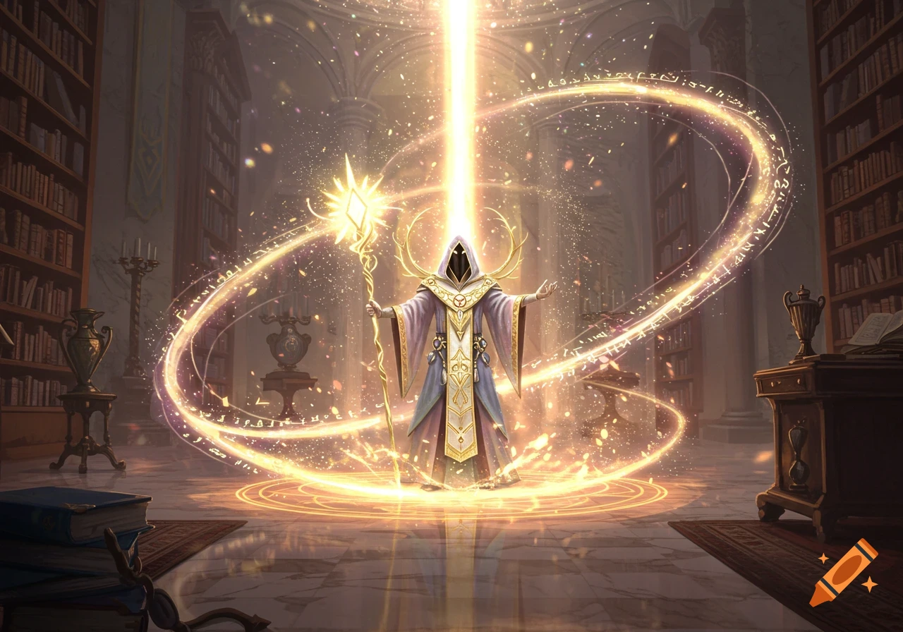 A robed wizard with a staff performs light magic in a grand library, surrounded by glowing runes and a beam of light.