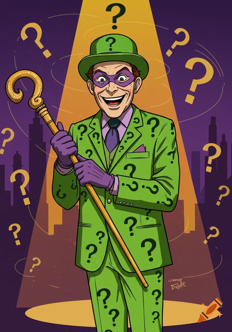 Cartoon Riddler smiles, wearing a green question mark suit and bowler hat, holding a question mark cane under a spotlight.