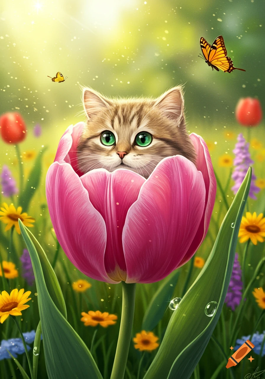 Fluffy cat with green eyes peeking from a pink tulip in a sunny spring garden with butterflies and wildflowers.