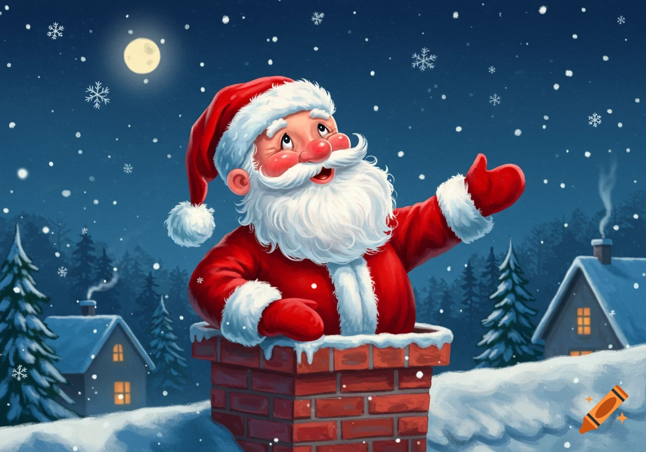 Illustration of Santa Claus waving from a brick chimney on a snowy winter night with a full moon and snow-covered houses.