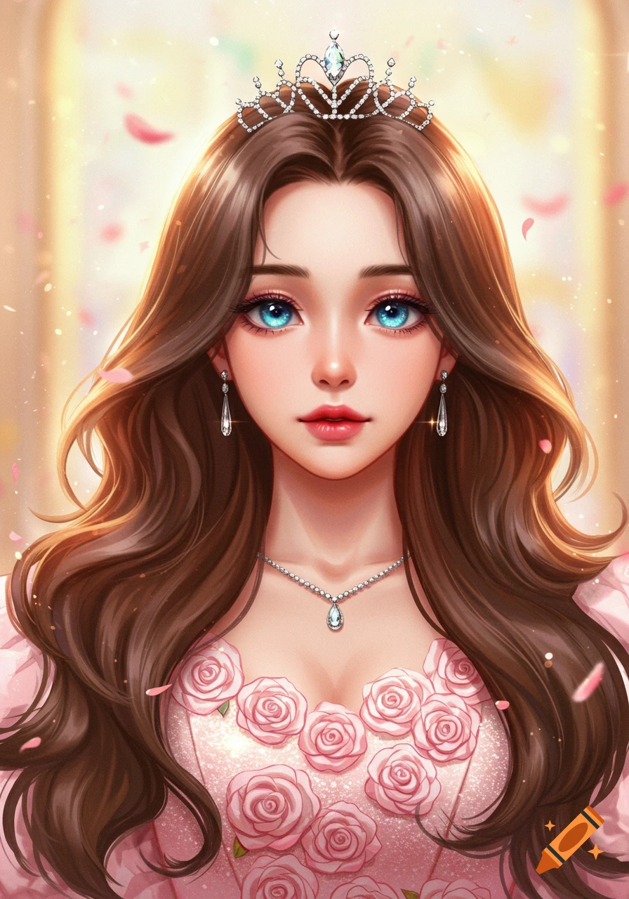 Manwha style portrait of a princess with long brown hair, blue eyes, wearing a pink dress decorated with roses, a diamond tiara and necklace.