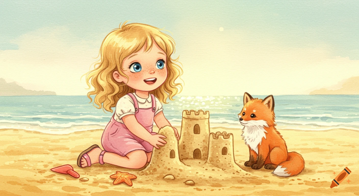 A whimsical watercolor illustration of a cheerful blonde girl and a fox building a sandcastle on a sunny beach.