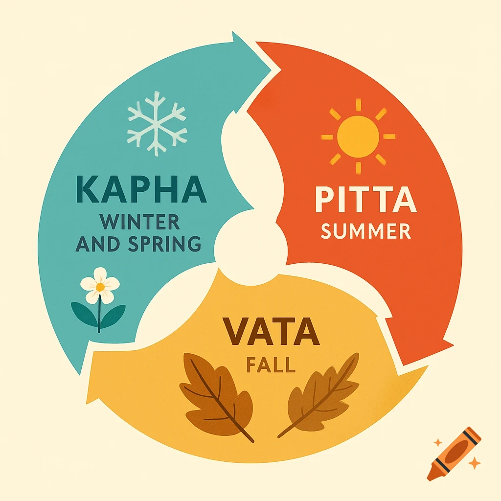 A circular diagram illustrating Ayurveda's Kapha, Pitta, and Vata doshas linked to winter/spring, summer, and fall seasons, respectively.