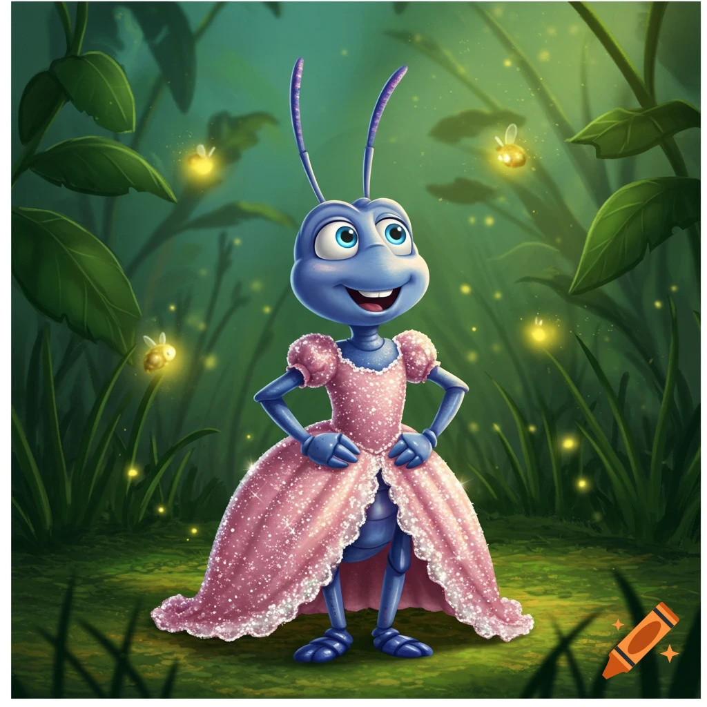 Blue ant character Flik from A Bug's Life wears a sparkly pink princess dress in a magical forest with fireflies, cartoon style.