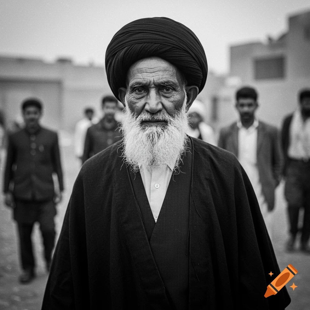 Grainy, black-and-white portrait of a dignified elderly man with a white beard, black turban, and robe, looking at the camera. Blurred people in background.