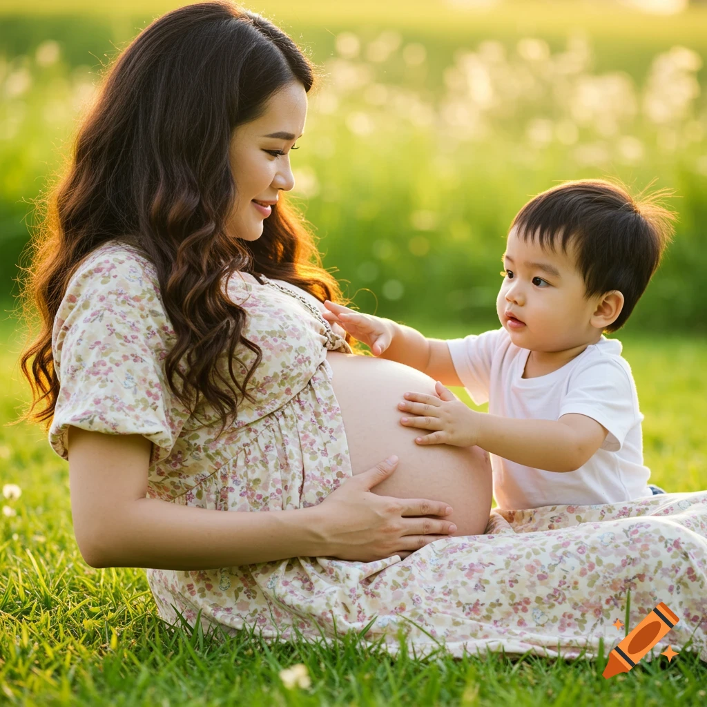 A smiling pregnant Asian woman sits in green grass while a young boy gently touches her belly, bathed in golden light.