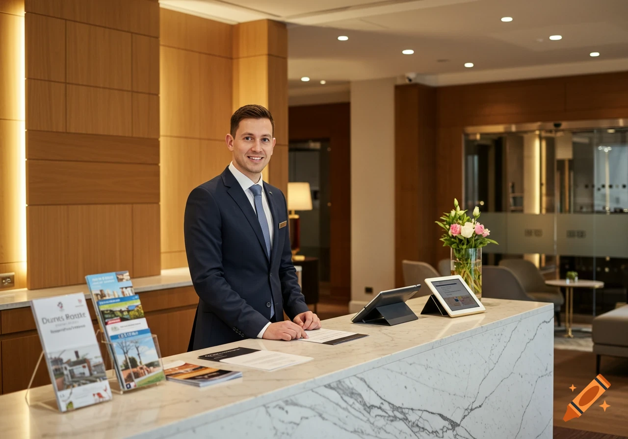 Smiling man in a suit stands behind a marble front desk in a modern hotel lobby, with brochures and tablets.