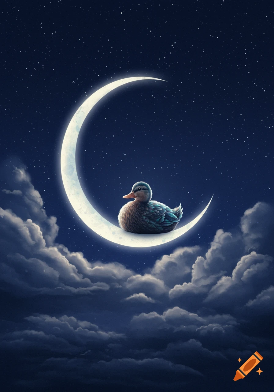 A whimsical illustration of a duck sitting on a bright crescent moon in a dark, starry night sky with fluffy clouds.
