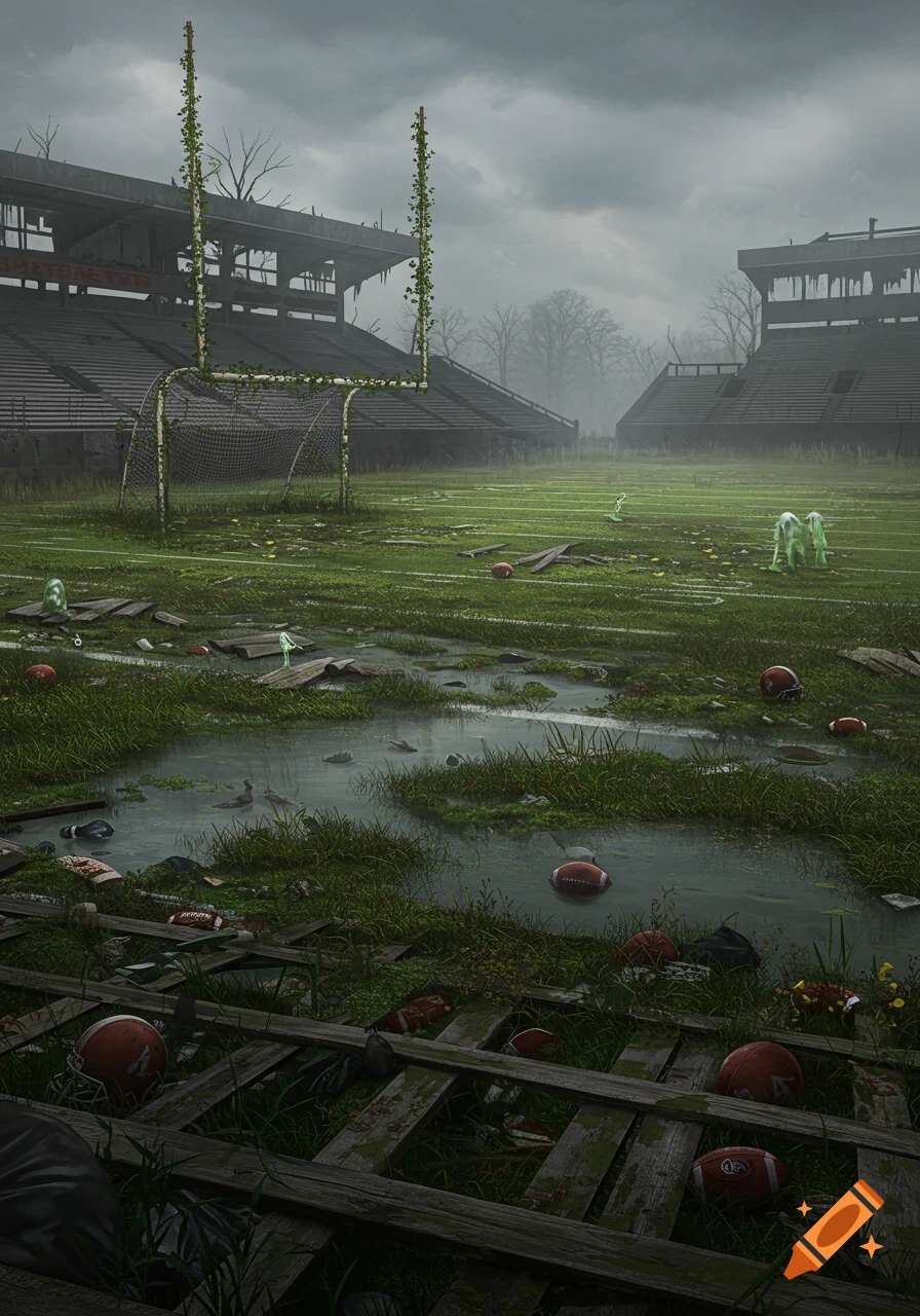 An abandoned, photorealistic American football stadium overrun by a swamp, with vines on goalposts, debris, and murky water on the field.