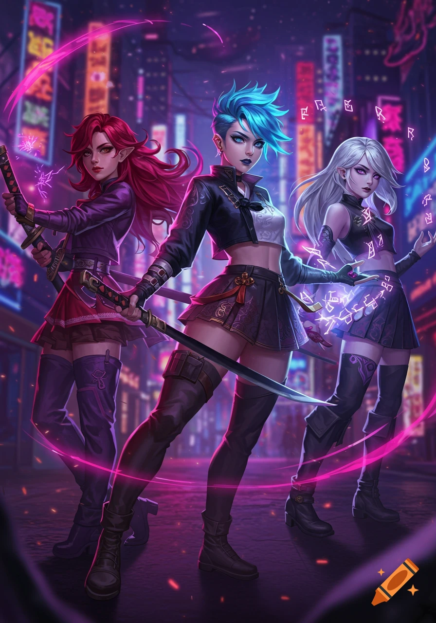 Three female demon hunters with swords and magic stand in a neon-lit cyberpunk city, rendered in an anime art style.