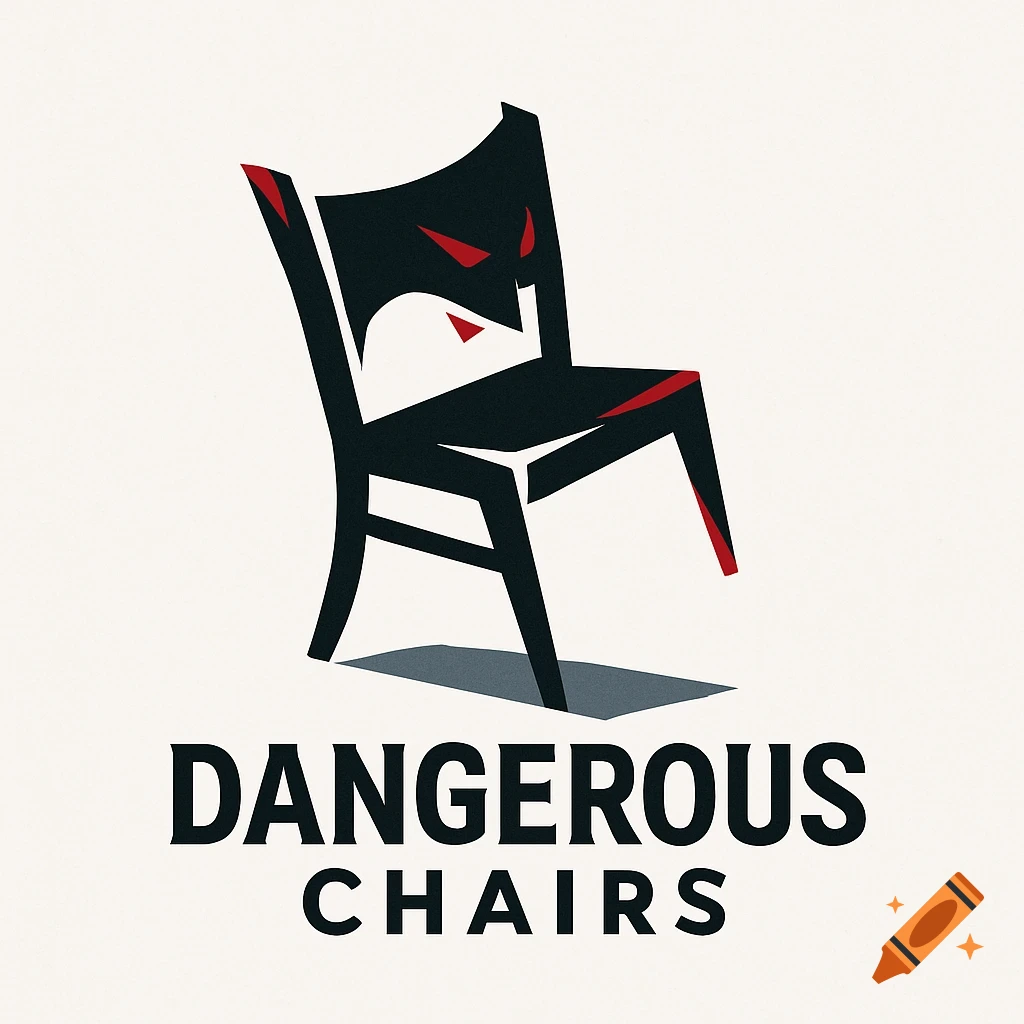 Minimalist black and red logo of a menacing chair with the text 'DANGEROUS CHAIRS'.