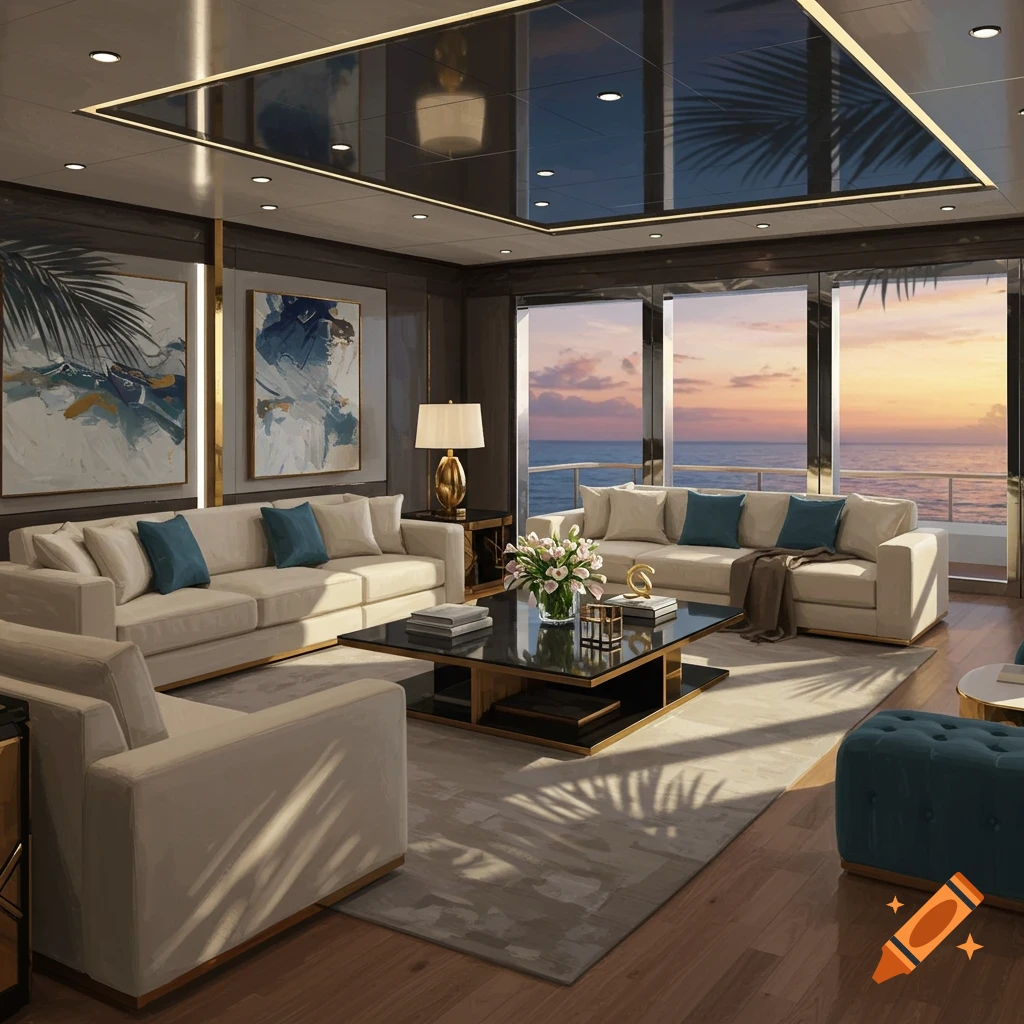 Luxurious yacht living room with cream sofas, blue pillows, and a coffee table, overlooking a sunset ocean view.