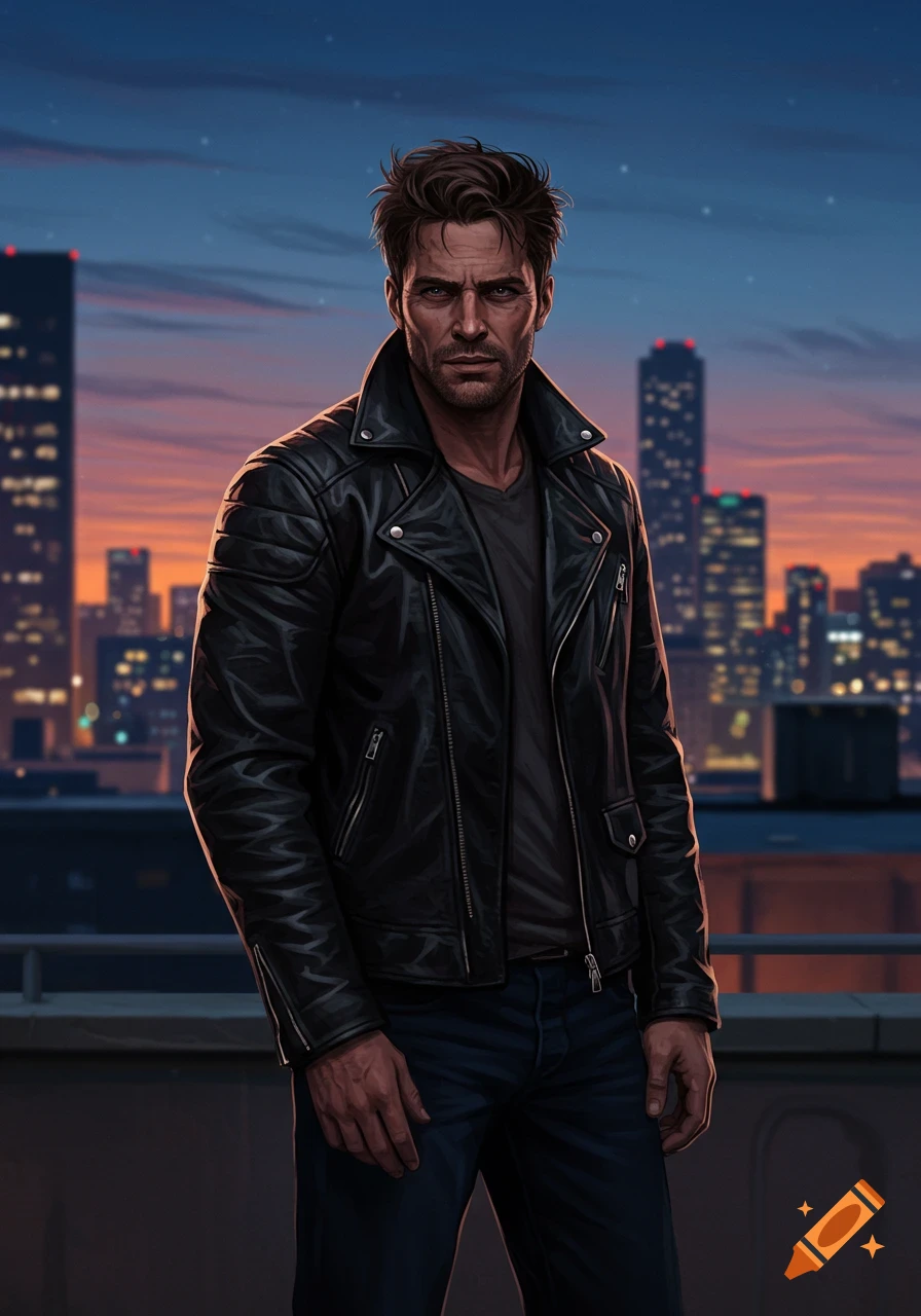 A stylized illustration of a man in a black leather jacket on a rooftop with a city skyline at dusk.