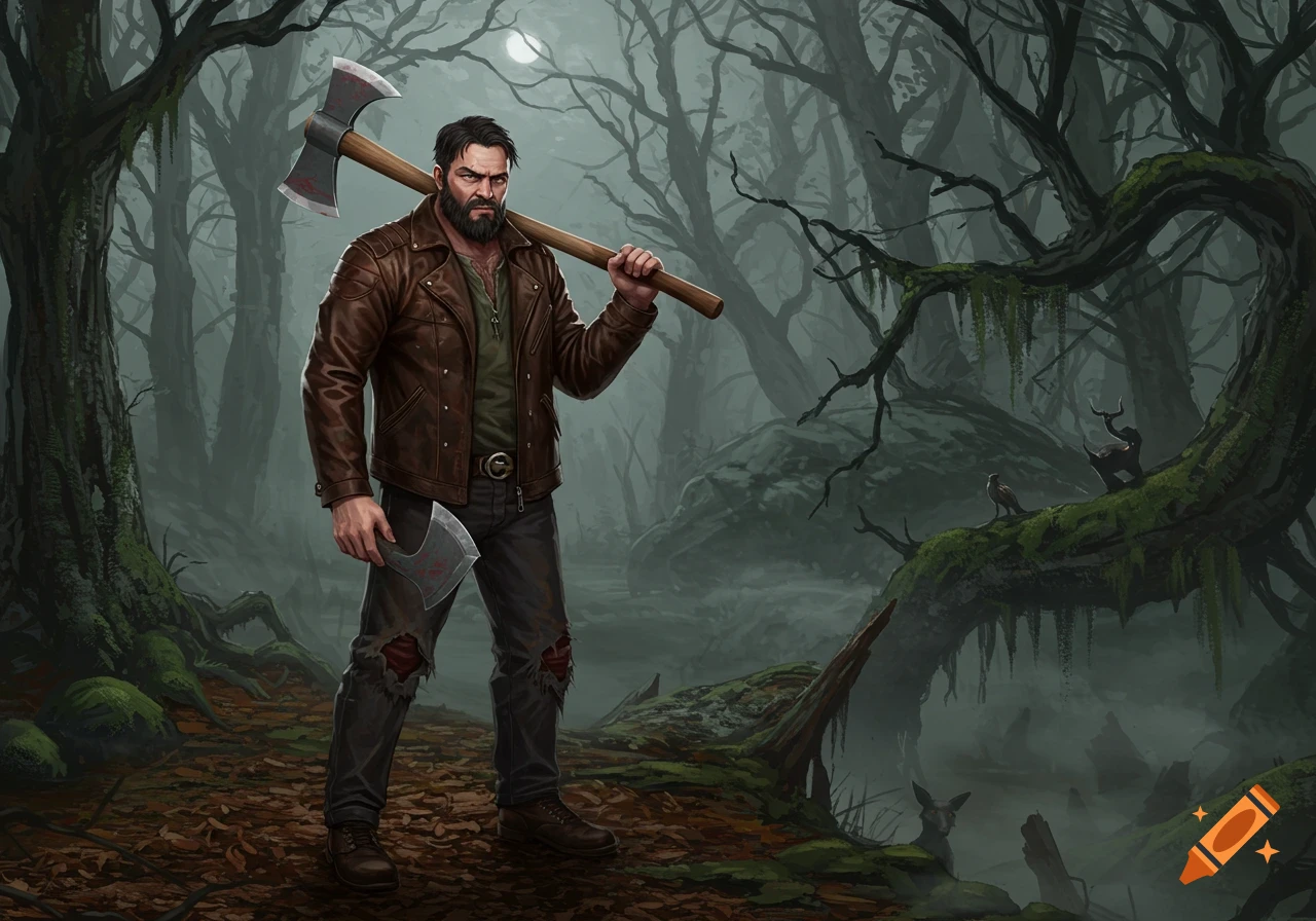 A rugged woodsman with a beard, holding two axes, stands in a misty, dark forest at night.