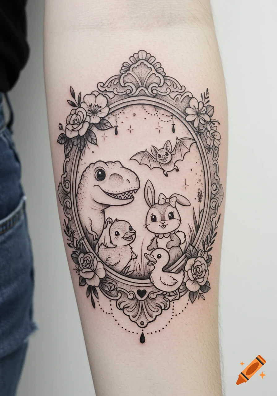 Black and grey tattoo featuring a T-Rex, bunny, bat, and ducklings inside an ornate floral frame.