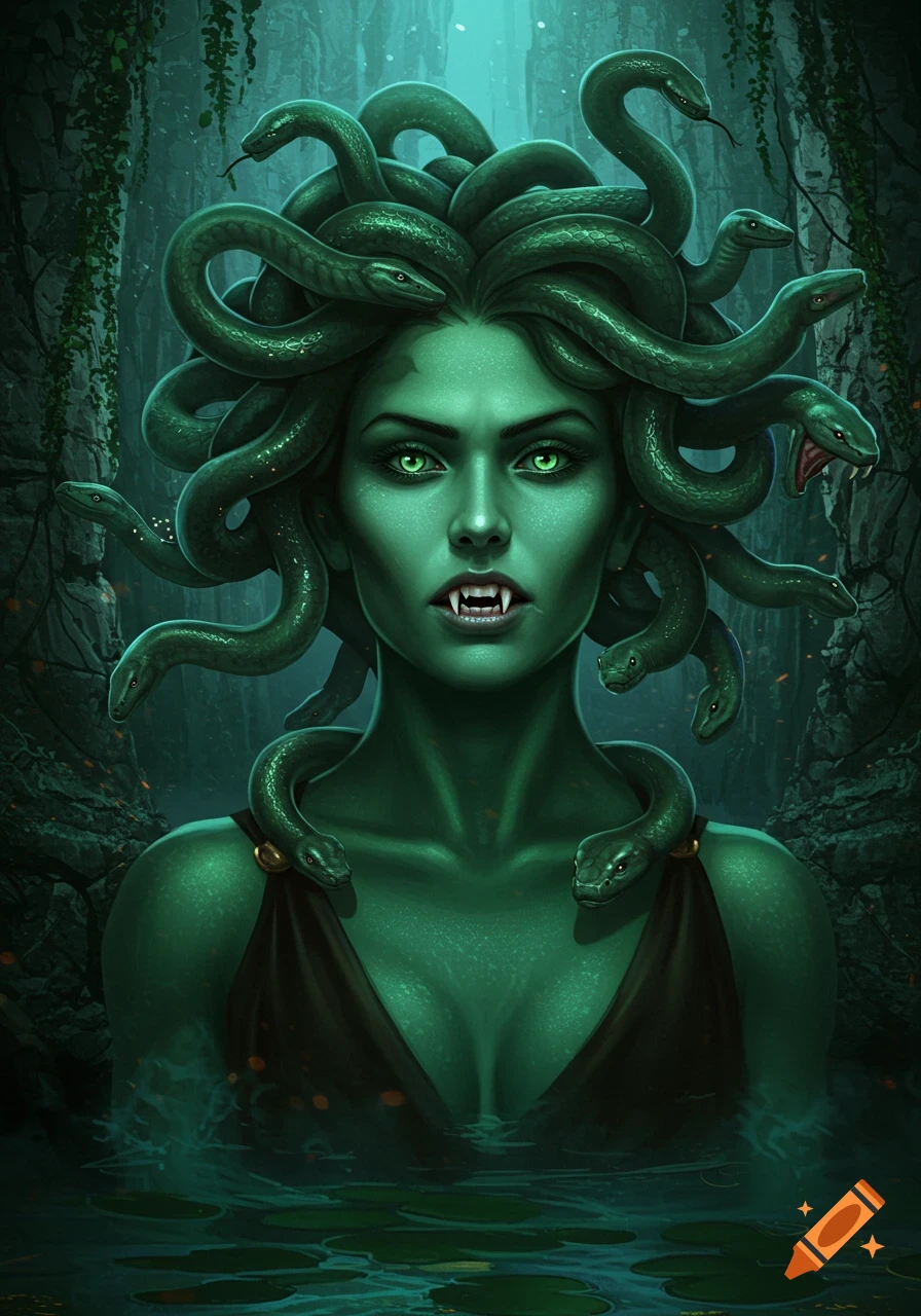 A green-skinned Medusa with glowing eyes, fangs, and snake hair emerges from dark water in a lush, dim fantasy setting.