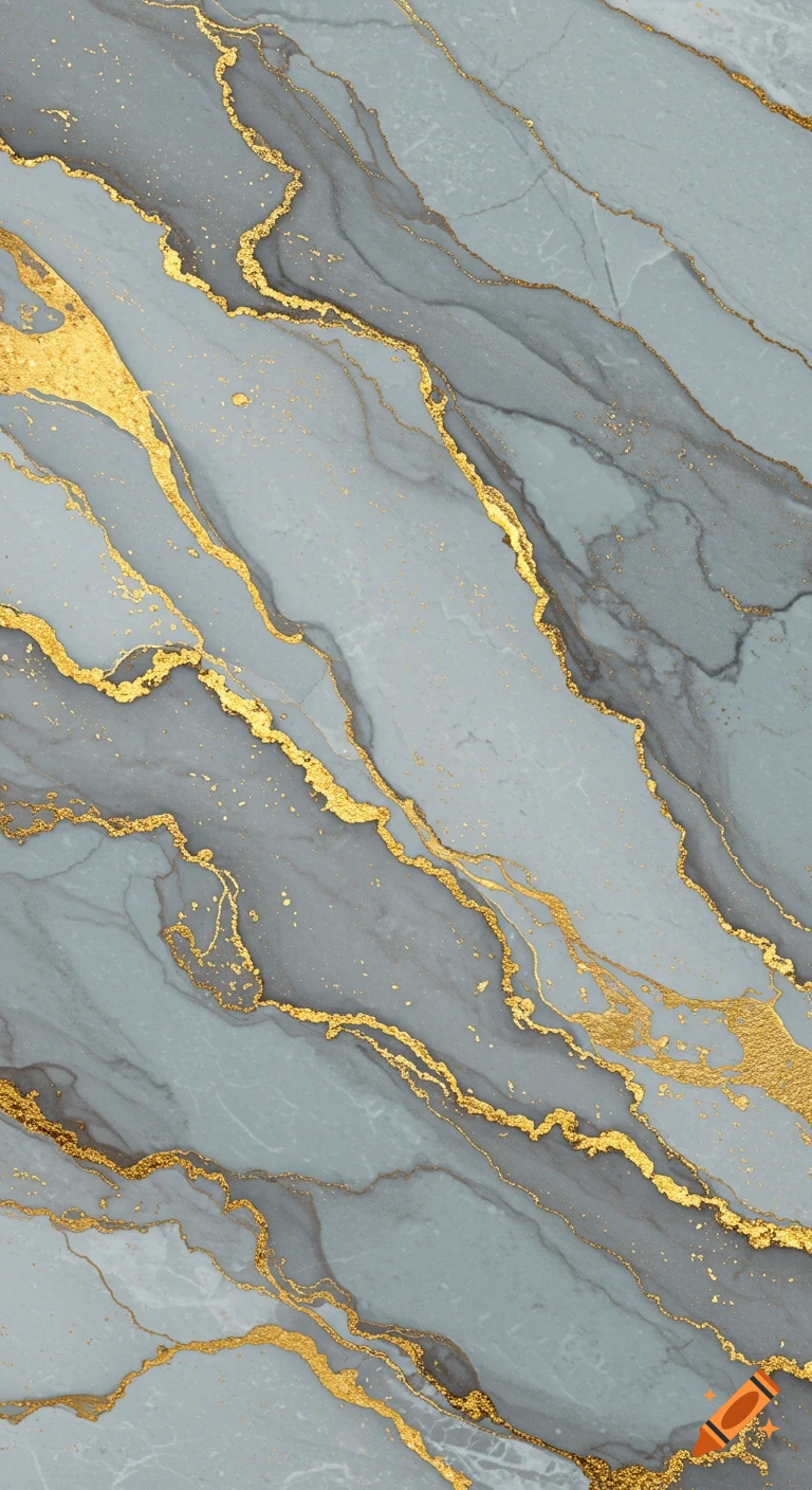 Abstract grey-blue marble pattern with shimmering gold veins and flecks.