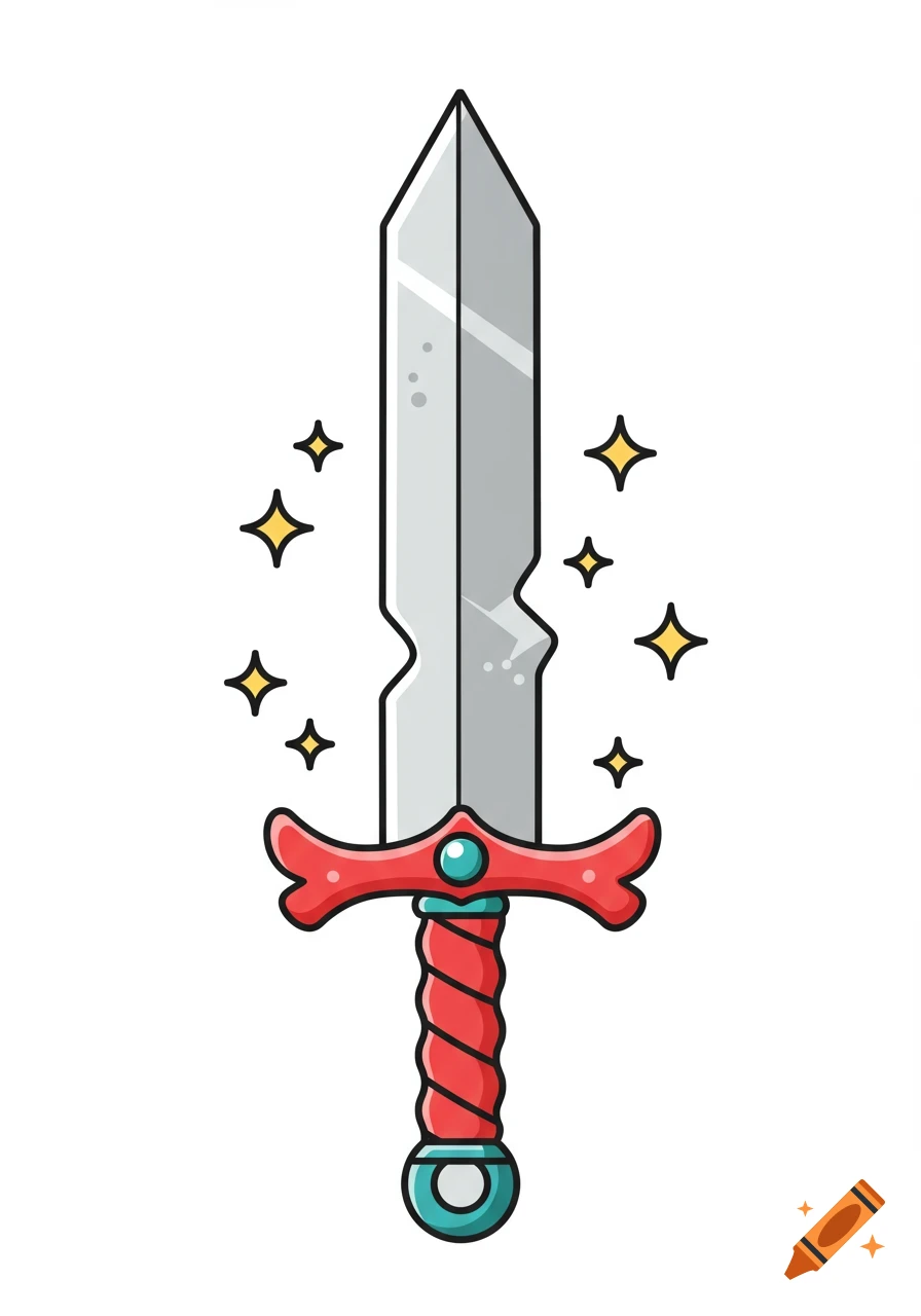 A stylized cartoon sword with a red hilt and handle, a grey blade with nicks, surrounded by yellow sparkles.