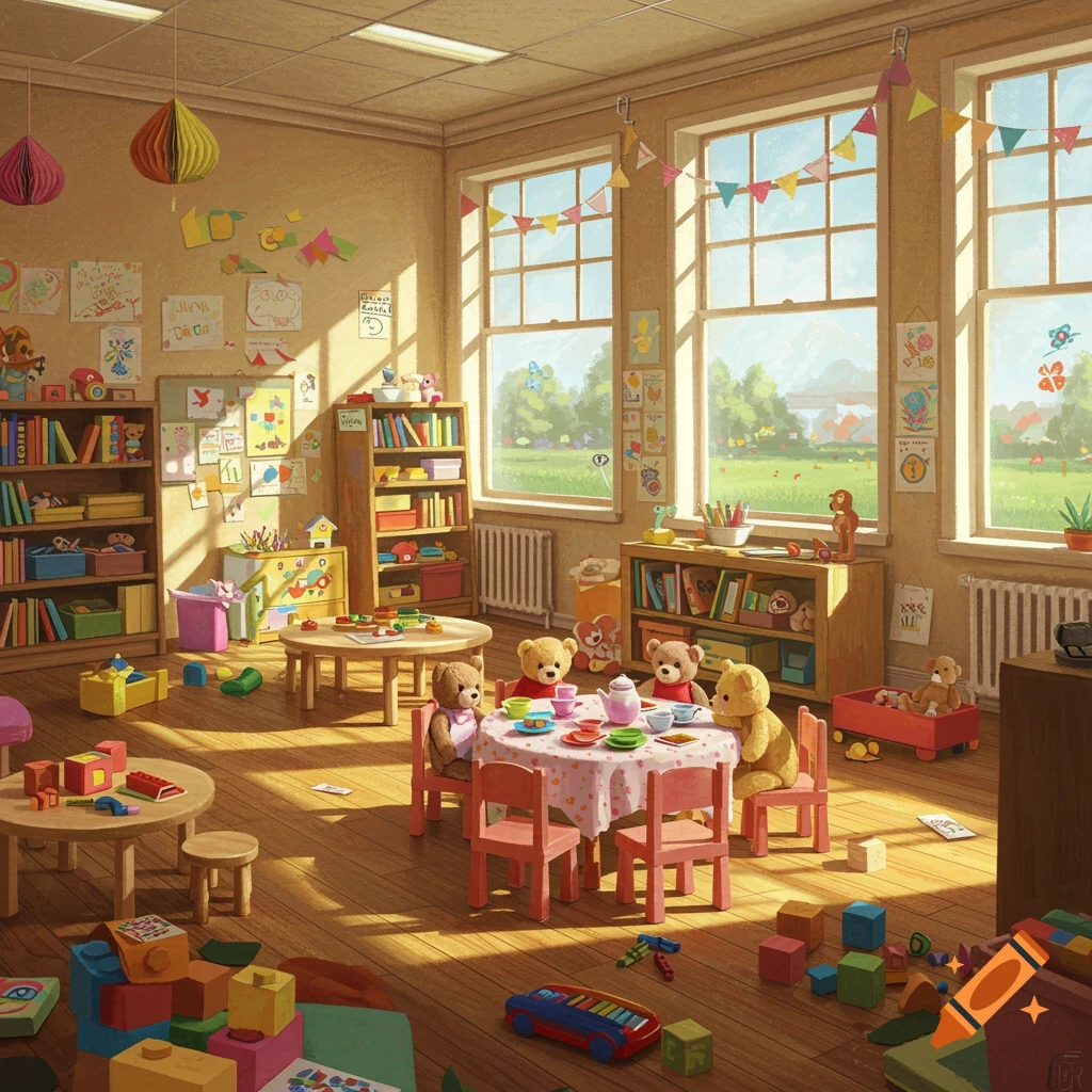 A sunlit kindergarten classroom filled with toys, bookshelves, children's drawings on the walls, and four teddy bears having a tea party at a small table.