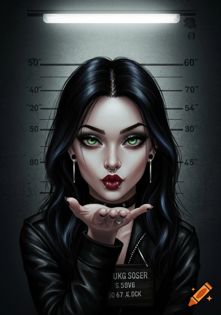 A stylized gothic comic woman with long dark hair, green eyes, and facial piercings, wearing a leather jacket. She is in a mugshot setting, blowing a kiss to the viewer.