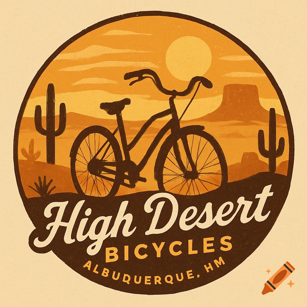 Retro-style logo with a bicycle in a desert landscape at sunset, featuring text 'High Desert Bicycles Albuquerque, NM'.