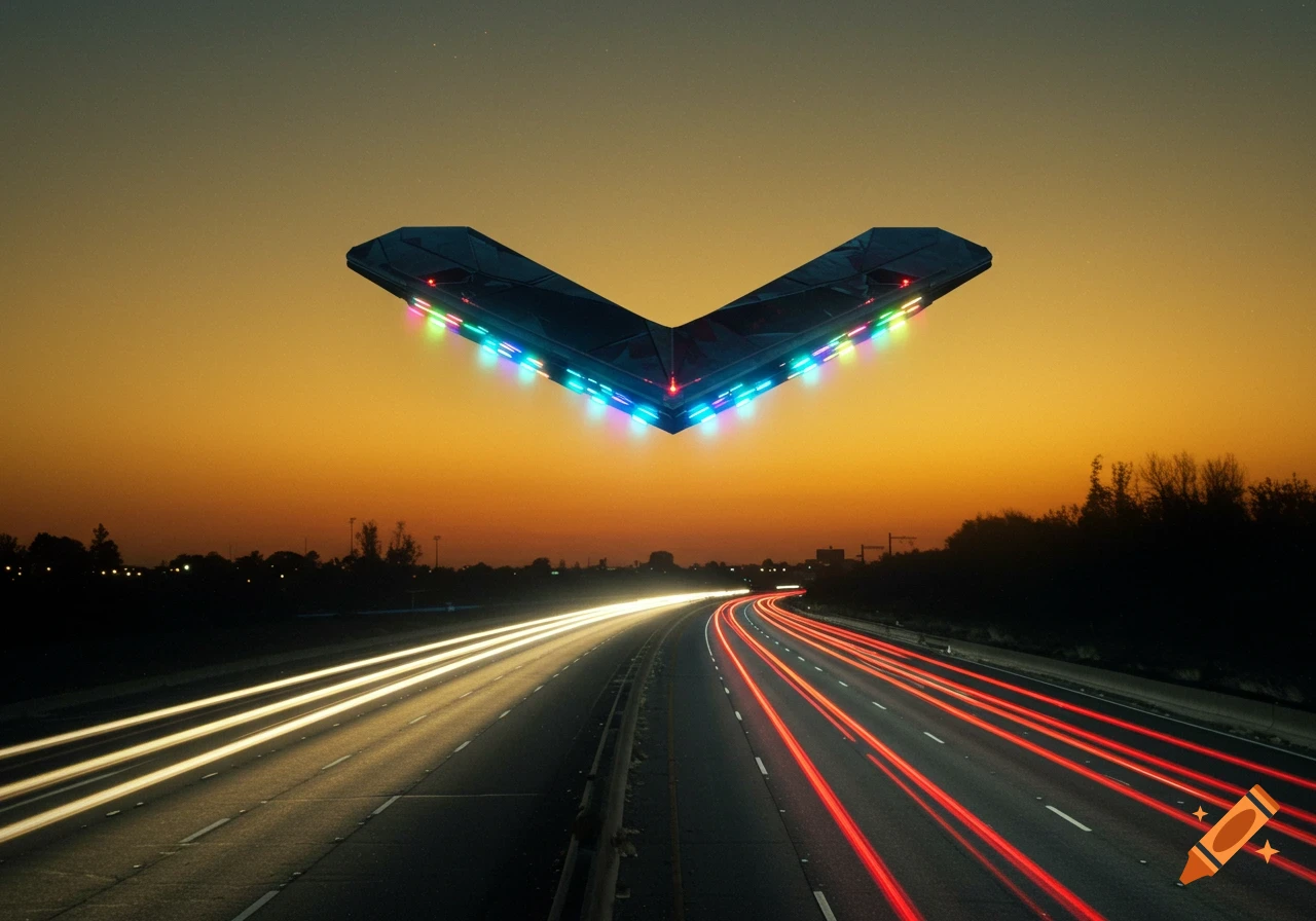 A futuristic V-shaped object with multicolored lights hovers over a highway with car light trails at sunset.