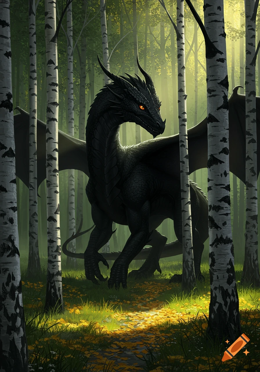 A black dragon with glowing orange eyes stands among white birch trees in a sunlit forest path. Fantasy art.