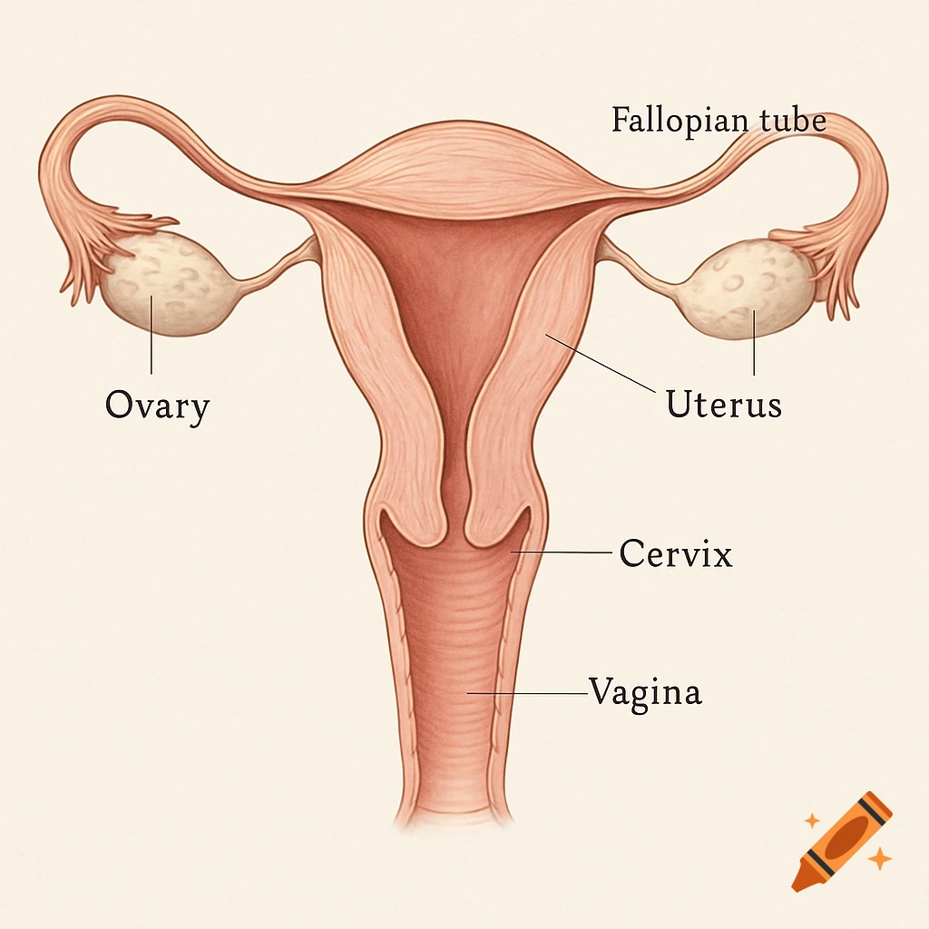 An anatomical diagram illustrating the female reproductive system, including the ovaries, fallopian tubes, uterus, cervix, and vagina.