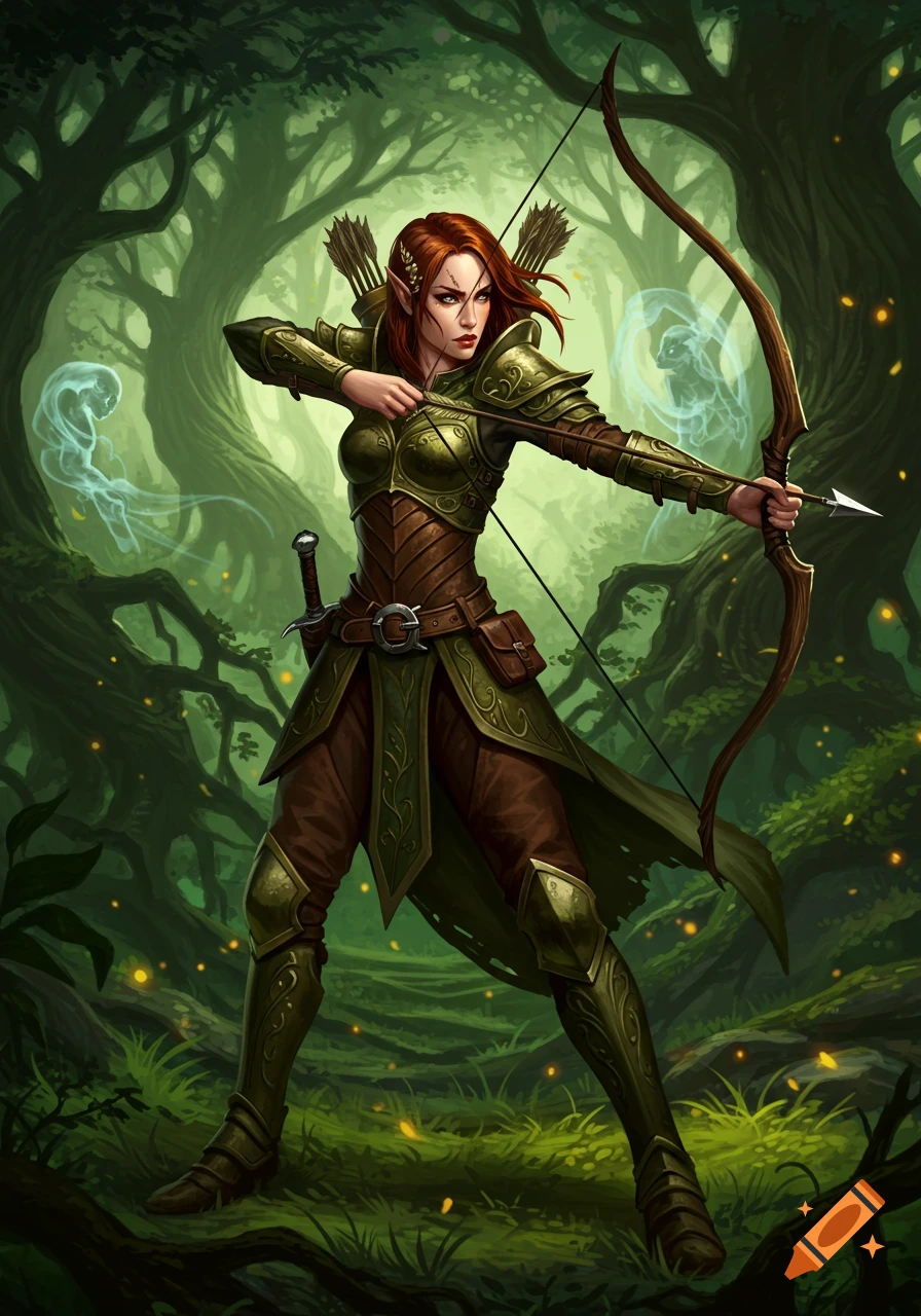 A female elf archer in green armor aims her bow in a magical forest with glowing spirits, fantasy art style.