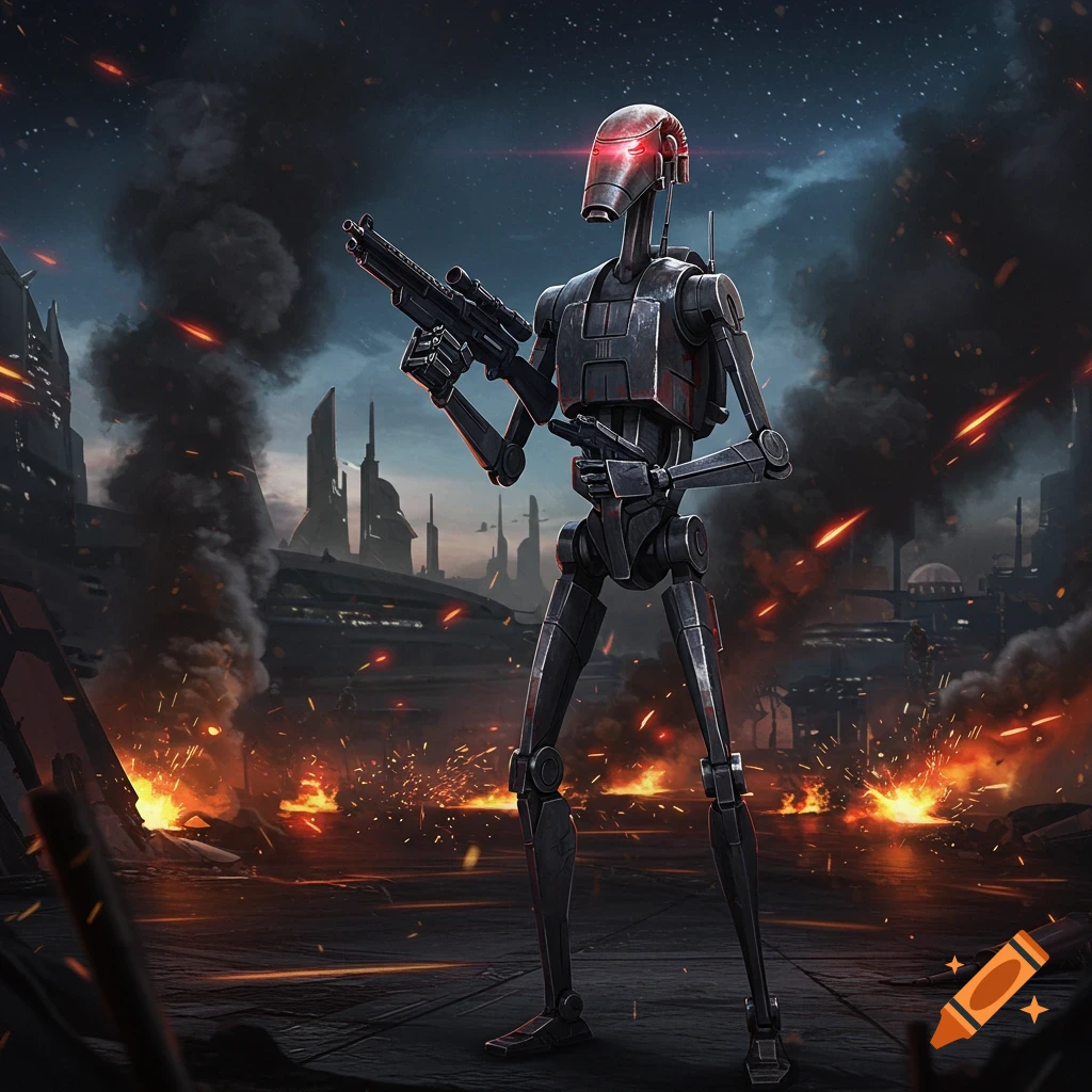 A battle droid from Star Wars stands holding a rifle in a destroyed futuristic city with explosions and smoke.