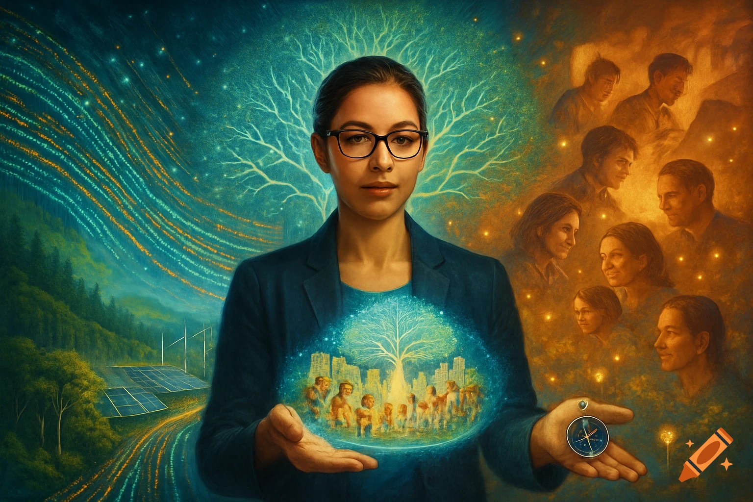 A woman in glasses holds a glowing hologram of a city, people, and a tree, surrounded by data streams, nature, and abstract faces.