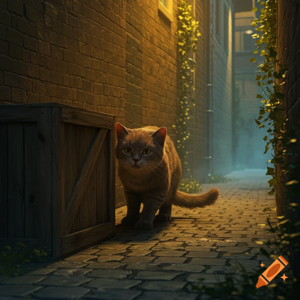 A photorealistic cat peeks from behind a wooden crate in a dimly lit cobblestone alley with brick walls and ivy.