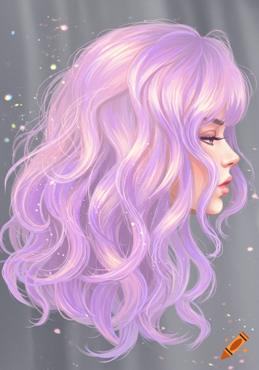 A stylized profile portrait of a woman with long, wavy, light purple ombre hair, sparkling with glitter effects.