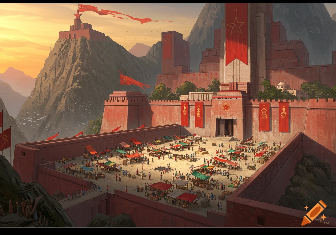 An imposing red communist-era fortress city with a bustling market square at its base, nestled among mountains under a sunset.