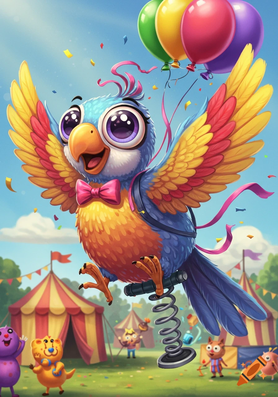 A cheerful cartoon parrot with a bow tie and spring legs flies with balloons and confetti above a fairground.