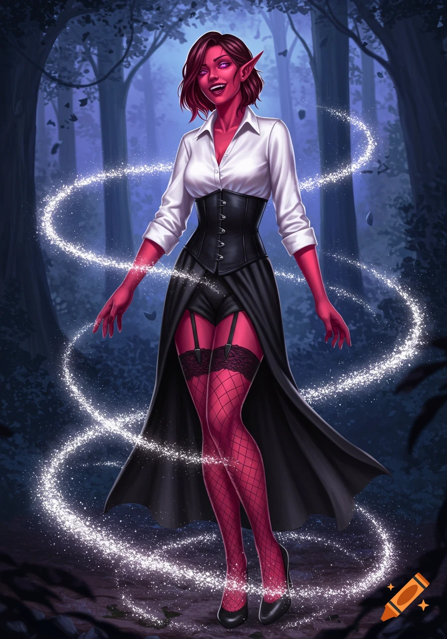 A red-skinned female elf with short dark red hair, giggling in a dark forest, surrounded by sparkling silver mist. Fantasy art.
